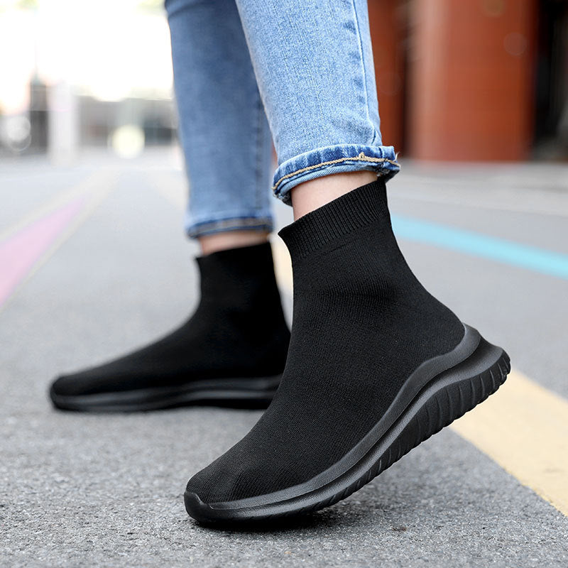 Flying Woven High-top Black And Round Flat White Shoes Women