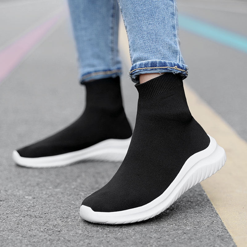 Flying Woven High-top Black And Round Flat White Shoes Women